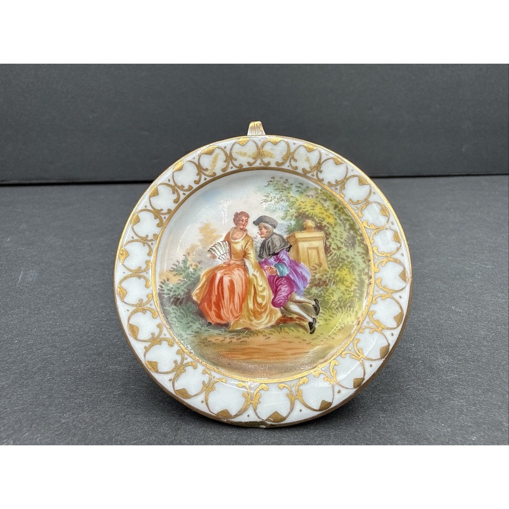 Antique Mini Porcelain Victorian Courting Couple Limoges Plate with Stand